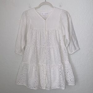 Zara Cotton Sewing V- Neck Buttons Front Tiered Mini Dress Size 9